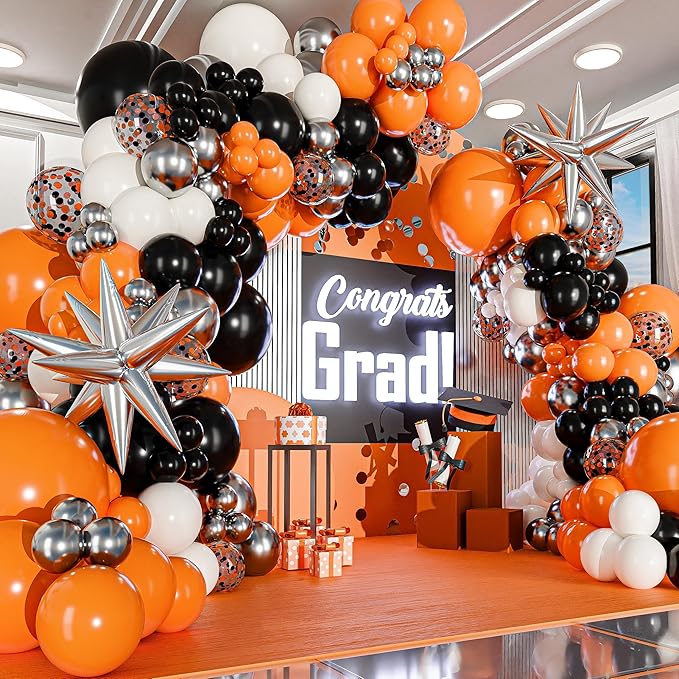 ALL-IN-1 Orange Black White Balloons Arch Kit with BONUS Starburst Balloons – Small & Large White Orange Black Balloons – Party Decorations for Graduation, Birthday Bengals, Halloween, Harley Davidson