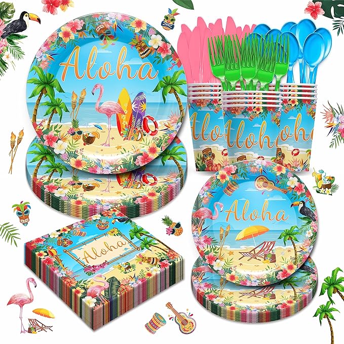 Hawaiian Luau Party Supplies Tableware Set - Tropical Flamingo Decorations Include Plates, Napkins, Cups, Cutlery, for Summer Beach Aloha Theme Party Supplies | Serves 24