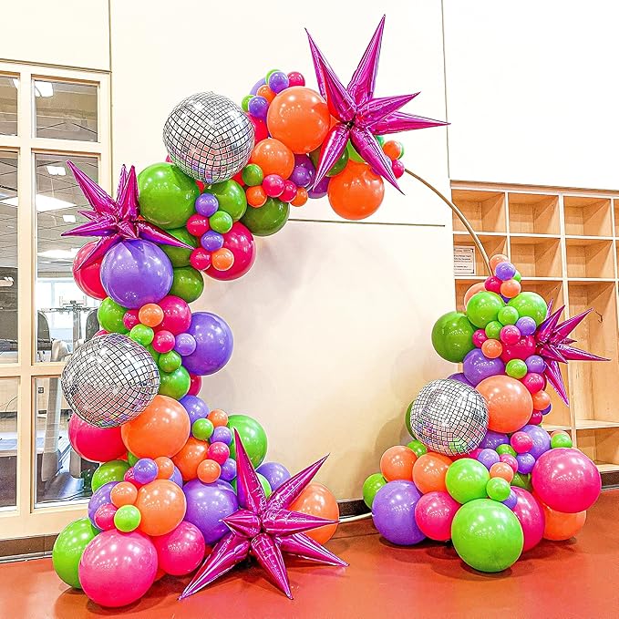 Neon Balloon Arch Garland Kit, Colorful Rainbow 70s 80s 90s Theme Party Decorations, Pink Purple Lime Green Orange Blue & Disco Ball Balloons for Retro Nostalgia Prom Birthday Part Decoration Supplies