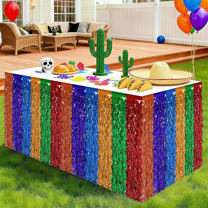Cinco De Mayo Table Decorations, 2 Pack Fiesta Desk Skirts Supplies, Mexican Theme Metallic Wavy Tinsel Foil Fringe Table Skirts, Rainbow Skirts for Dia De Los Muertos Day Mexico Day of The Dead Decor