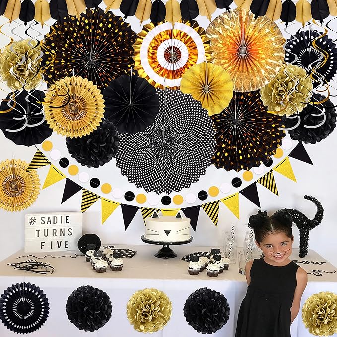 Moon Boat 35PCS Party Decorations Paper Fan Hanging Set - Birthday,Graduation,Baby Shower,Wedding,Retirement,Black and Gold Decor（Black）