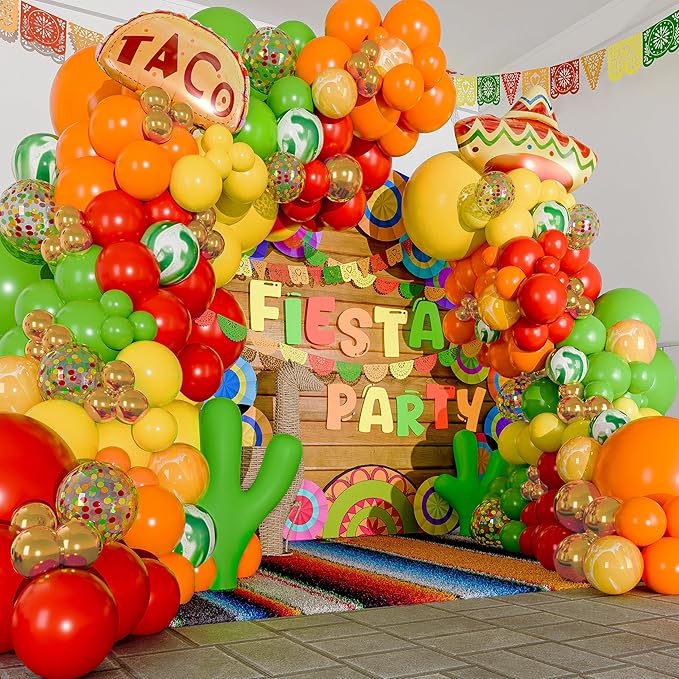 ALL-IN-1 Mexican Balloons Arch Kit & Garland with BONUS Taco Small and Large Red Yellow Orange Green Fiesta Balloons Mexican Party decorations & supplies for birthday, Cinco De Mayo