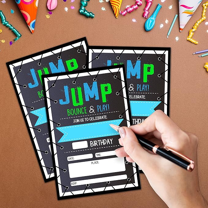 CLIRBE Trampoline Jump Birthday Party Invitations, Bounce House Birthday Invitations For Boys Girls, Kids Birthday Invites, Theme Birthday Party Decorations, 20 Invitations with 20 Envelopes - B02