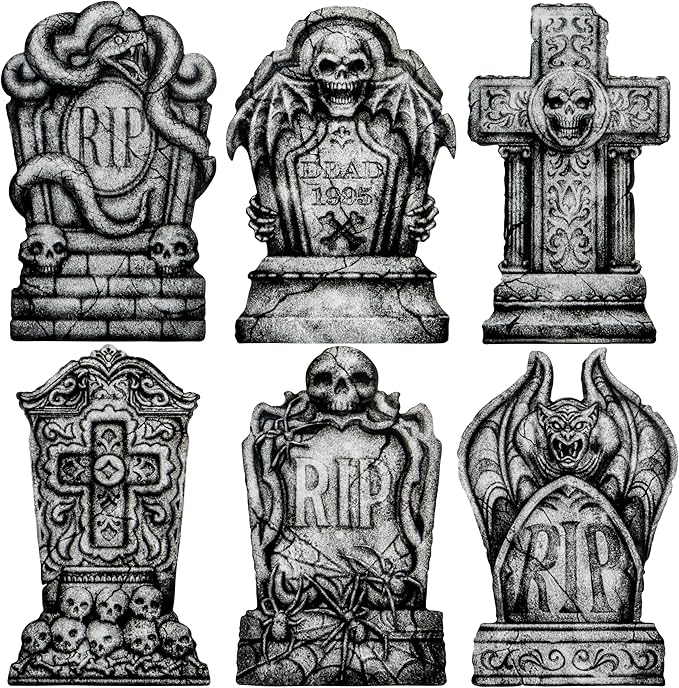 JOYIN 15.7” Halloween Decorations Outdoor Graveyard Tombstones, 6 Pcs Skeleton RIP Plastic Gravestones Halloween Decor with 12 Metal Stakes for Yard Lawn Garden Prop, Party Decor Supplies