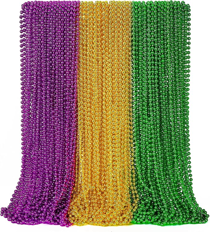 24PCS Mardi Gras Accessories, Mardi Gras Green Purple Gold Metallic Beads Necklaces Accessories Bulk, Mardi Gras Beads Necklace Costumes Women Men Kids for Parade Throws Party Decor Favor Supplies
