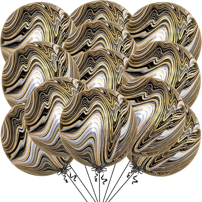 KatchOn, Black and Gold Marble Balloons - Big 22 Inch, Pack of 12 | 4D Marble Black and Gold Balloons for Birthday Party Decorations | Agate Balloons for Retirement, Dance Party Decorations