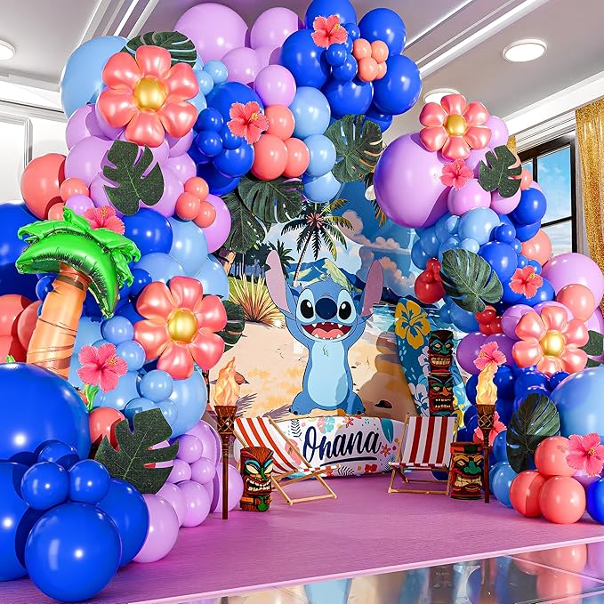 ALL-IN-1 Blue Alien Balloon Arch Kit with BONUS Palm Tree & Tropical Flowers for Cute Space Creature Theme Kids Birthday, Baby Showers & Outer Space Parties - Tropical Blue Monster Party Decorations