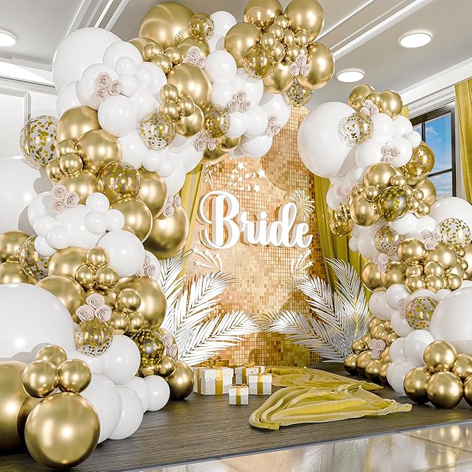 ALL-IN-1 White and Gold Balloons Garland & Arch Kit – Small and Large Gold and White Balloons – Party Decorations for Wedding, Birthday, Bridal Shower, Baby Shower, Graduation, Confetti