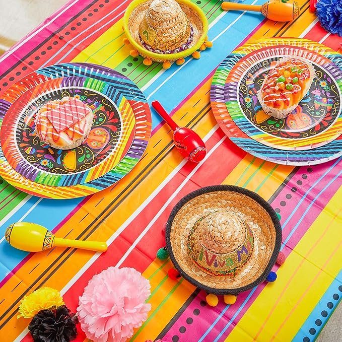 JOYIN 4 pcs Cinco De Mayo Printed Plastic Tablecover for Fiesta Decor, Muti-Colored (54 x 108 INCHES) Tablecloth for Fiesta Decorations, Taco Night, Birthday, and Mexican Themed Party