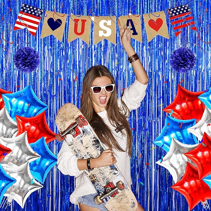 Foil Fringe Curtains Graduation Decorations 2026 - Melsan 3 Pack 3.2 x 8.2 ft Tinsel Curtain Party Photo Backdrop for Independence Day Decorations Birthday Party Baby Shower or Graduation Navy