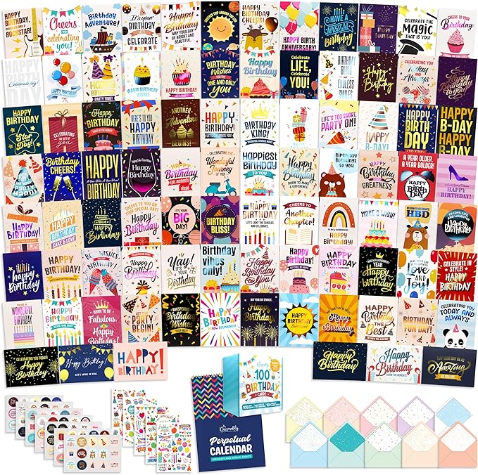 Decorably 100 Pack Foiled 5x7in Assorted Happy Birthday Cards Bulk with Envelopes and Stickers, 100 Folded Unique Designs for Friends, Family & Loved Ones, Printed Message Inside - Gifting, Mailing