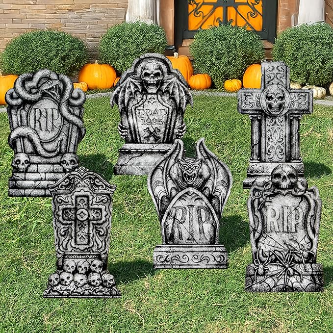 JOYIN 15.7” Halloween Decorations Outdoor Graveyard Tombstones, 6 Pcs Skeleton RIP Plastic Gravestones Halloween Decor with 12 Metal Stakes for Yard Lawn Garden Prop, Party Decor Supplies