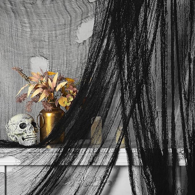 Watayo 300 x 80 Inch Halloween Creepy Cloth, Black Large Size Halloween Scary Spooky Cloth, Windows Doorways Cover Gauze for Holiday Party Haunted House Decorations