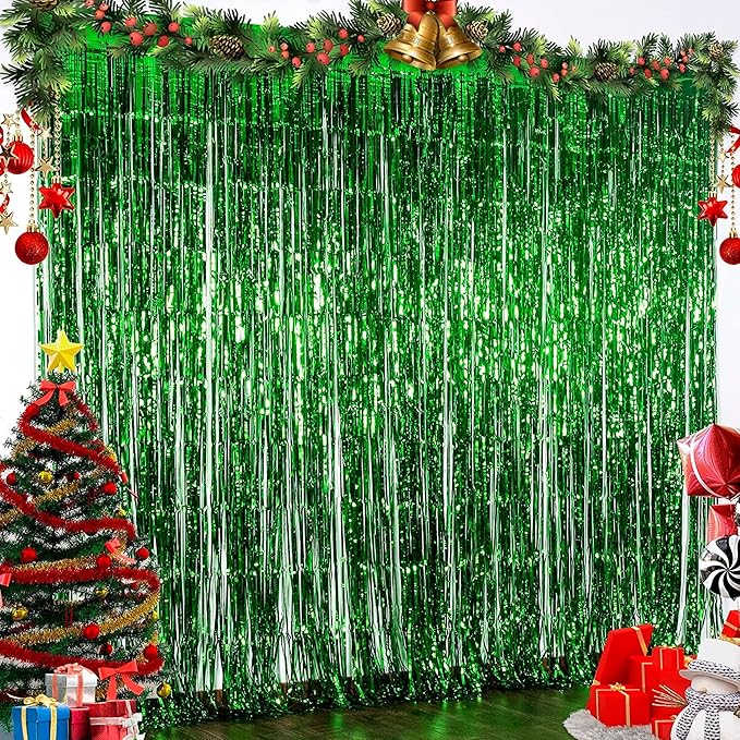 Dazzle Bright Backdrop Curtain, 3FT x 8FT Metallic Tinsel Foil Fringe Curtains Photo Booth Background for Baby Shower Party Birthday Wedding Engagement Bridal Shower (4, Green)