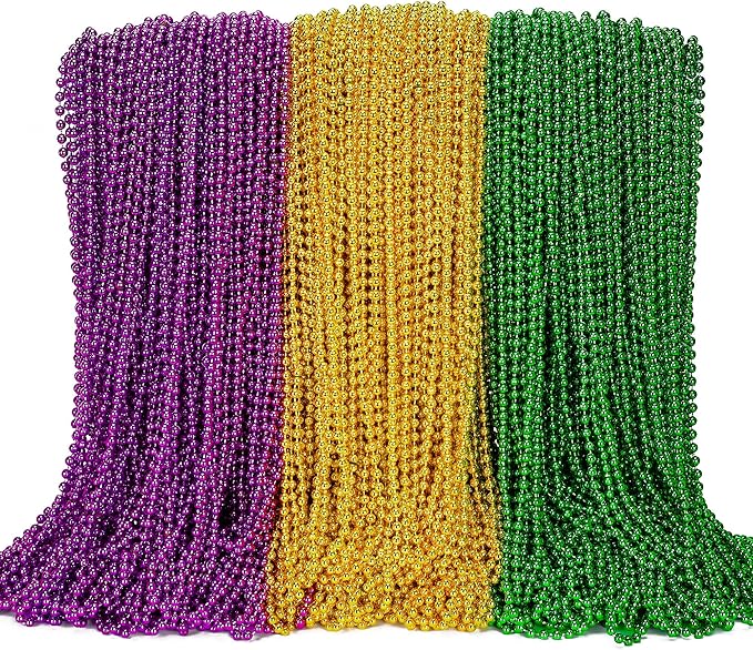 120PCS Mardi Gras Accessories, Mardi Gras Beads Green Purple Gold, Metallic Round Beads Necklaces Accessories Bulk, Mardi Gras Necklace Costumes for Parade Throws Party Decorations Favor Supplies