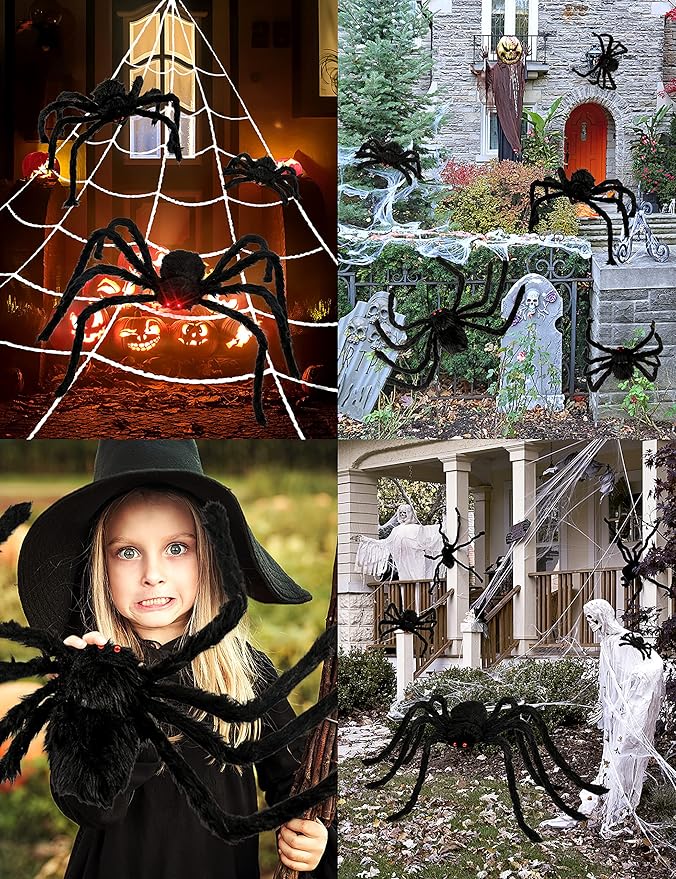6 Packs Halloween Plush Spiders Set Scary Fake Spider for Indoor Outdoor Halloween Decor for Home Party Yard Haunted House Decorations (6 Different Sizes)