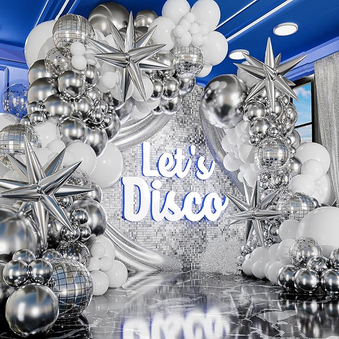 ALL-IN-1 Disco Balloon Arch Kit with BONUS Disco Ball Balloon for Party Decorations - Silver & White Balloons Garland for Disco Ball Party Decoration & Silver Party Decorations -Disco Balloons