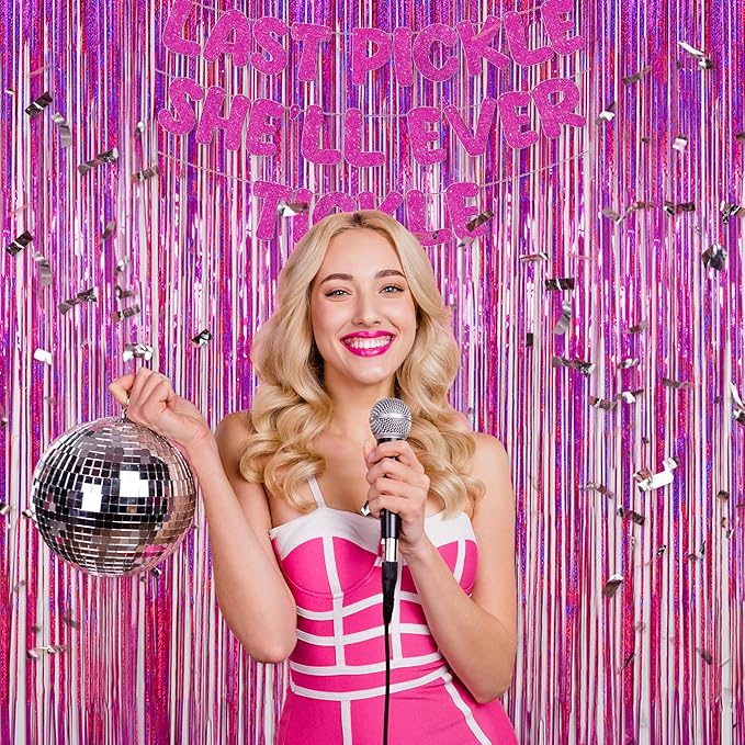 Melsan Hot Pink Tinsel Foil Fringe Curtains, Rose Red Sparkle Photo Backdrop 3.2 ft x 8.2 ft for Birthday Disco Bachelorette Party Decorations, 2 Pack