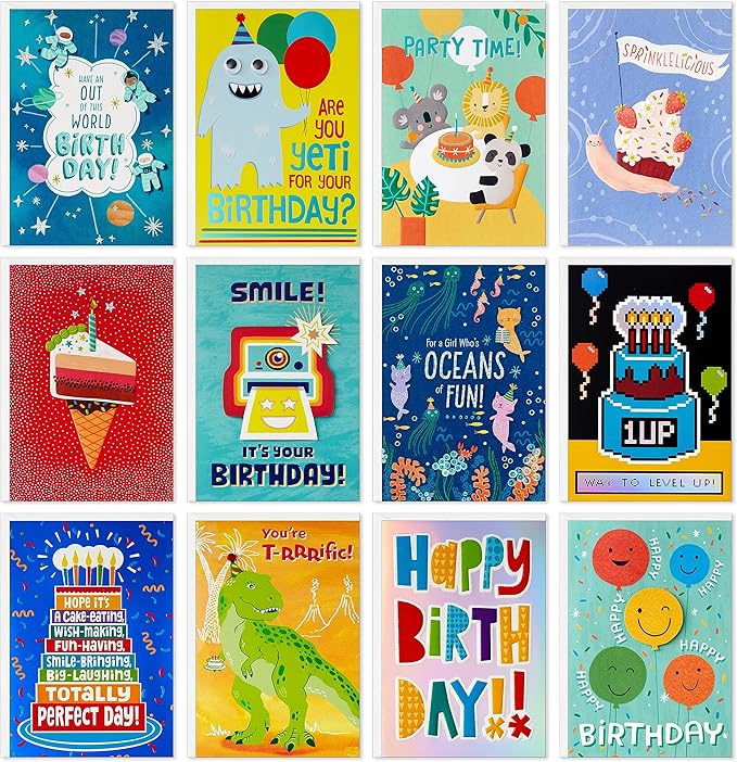 Hallmark Birthday Cards for Kids (12 Cards with Envelopes, Refill Pack Card Organizer Box) Dinosaur, Animals, Video Game, Birthday Boy, Birthday Girl
