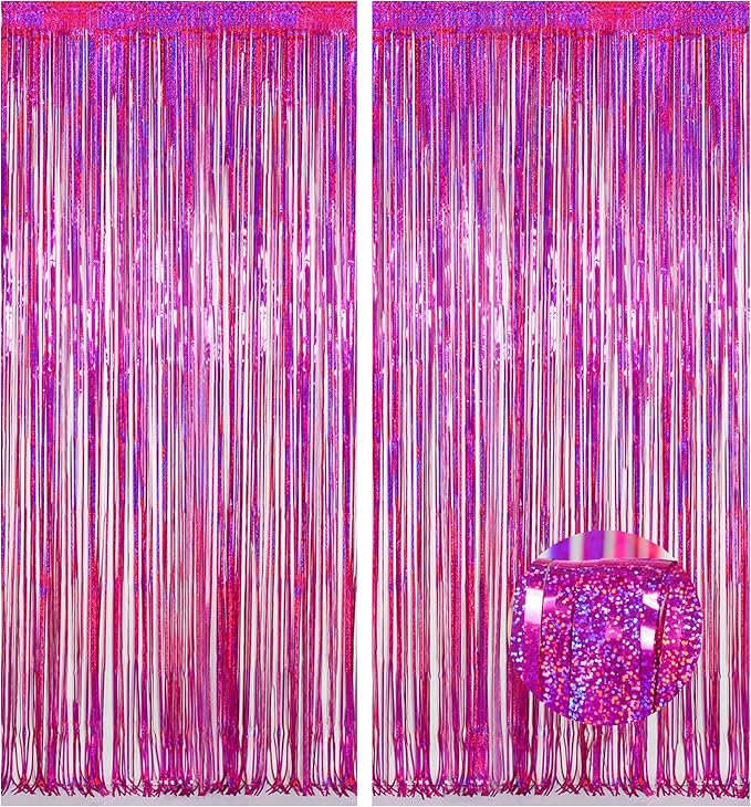 Melsan Hot Pink Tinsel Foil Fringe Curtains, Rose Red Sparkle Photo Backdrop 3.2 ft x 8.2 ft for Birthday Disco Bachelorette Party Decorations, 2 Pack