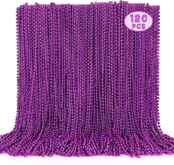 120PCS Mardi Gras Beads, Purple Bead Necklace Party Favors, 33" Holiday Halloween Necklaces Party Parade Throw Accessories, Mardi Gras Halloween Wedding Birthday Celebrations Decorations Bulk