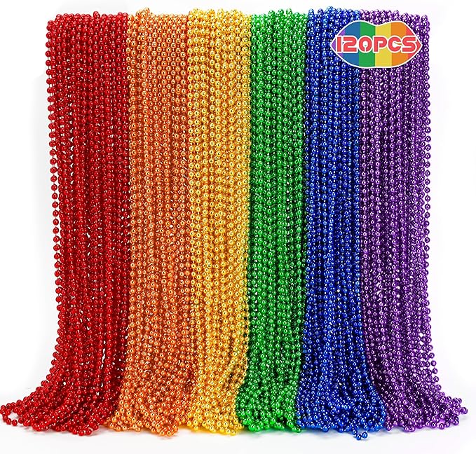 120PCS Pride Month Beads, Pride 6 Kinds Beads Necklace Accessories Bulk, Rainbow Metallic Gay Lesbian LGBTQ Bead Necklace, LGBT Beaded Costumes Decorations for Parade Throws Party Favors