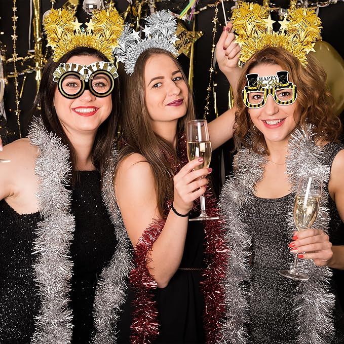 fiintrwa Happy New Year Headband Tiara Gold Silver Fringed Noise Makers and 2026 New Year Party Glasses Decoration Supplies