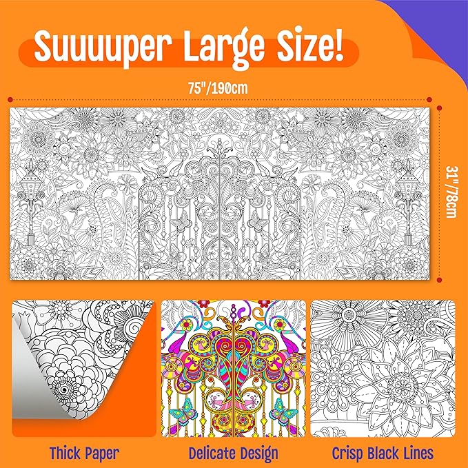 Giant Coloring Poster, Large Plant Coloring Activity Paper 75” x 31” Jumbo Size Versatile Paper DIY Painting Drawing Banner/Tablecloth for School Group Family Art Craft Activities Decoration