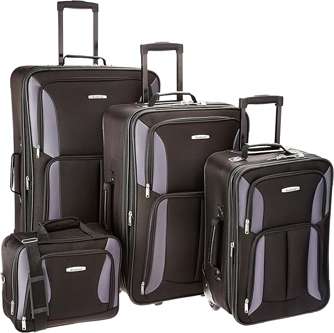 Rockland Fashion Softside 4 Piece Luggage Set, Expandable, (14" Tote/19"/24"/28"), Black Gray