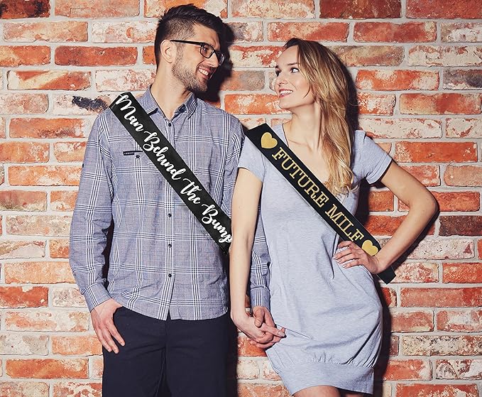 "Man Behind The Bump" Funny Baby Shower Sash for Daddy to Be, Baby Shower Party Decorations Gifts Supplies Dad to Be Baby Gender Reveal Ideas New Father Favors (Black and White)