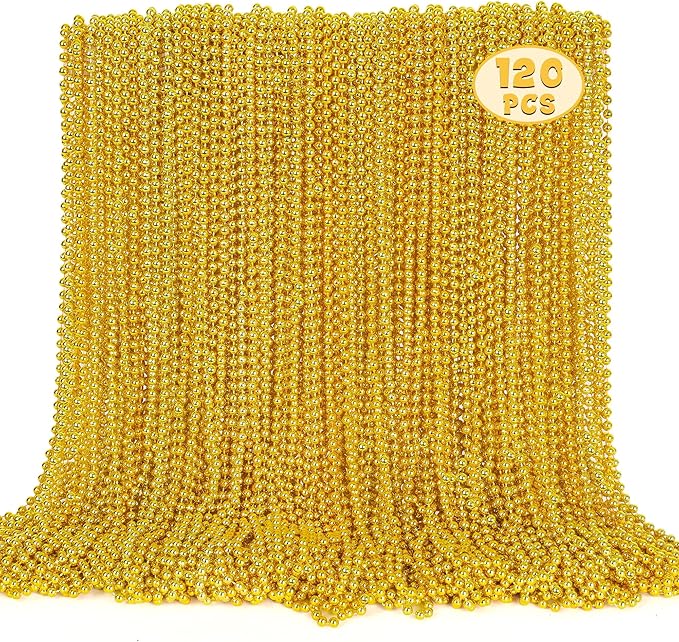 120PCS Mardi Gras Beads, 33" Gold Bead Necklaces Stuff, Mardi Gras Christmas Beads Costume Necklace, Festival Parade Throw Accessories for Wedding Birthday Pirate Party School Activities Supplies
