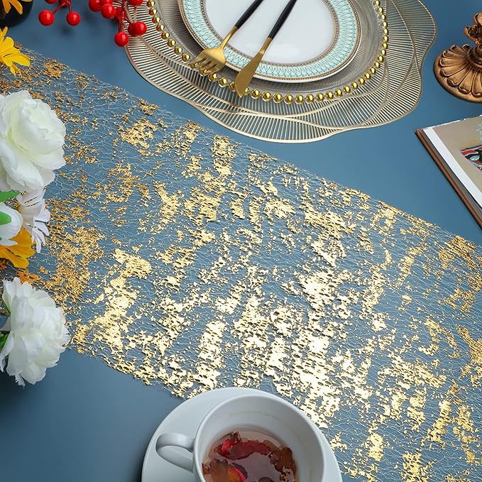 Snowkingdom Glitter Metallic Gold Table Runner 11 Inch x 32 Feet Thin Mesh Sparkle Runner Roll Gold Table Decorations for Wedding Bridal Shower, Baby Shower, Christmas, Birthday Party （1PC）
