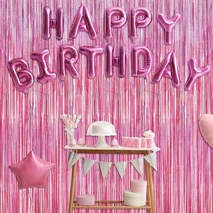 8 Pack Pink Backdrop, 3.28 FT x 7.05 FT Fringe Curtains, Metallic Glitter Pink Fringe Party Streamer Foil Curtains Tinsel Backdrop, Pink Decorations Bachelorette Valentines Day Party Supplies
