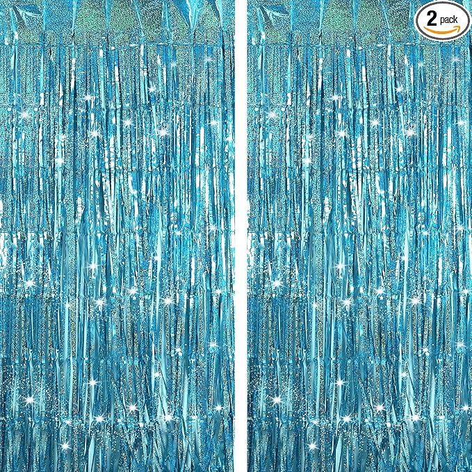 Light Blue Backdrops Curtains Party Decorations, Tinsel Streamers Birthday Decoration for Women Men, Photo Booth Props for Wedding, 2Pack 3.28X6.56Ft