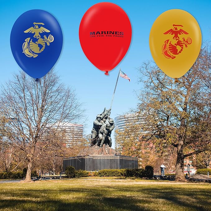 U.S. Marines Party Balloons (10pcs) 12” Latex Balloons in Red, Gold, and Blue with contrasting print on 2 sides. Officially Licensed by the U.S.Marines - Made in Italy - by Havercamp.