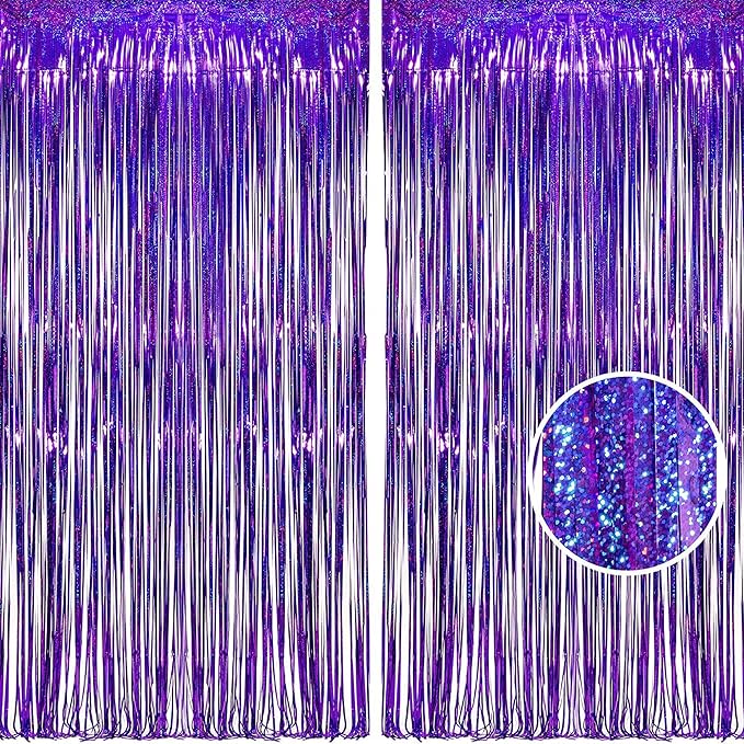 BRAVESHINE Purple Tinsel Foil Fringe Curtains - 2Pcs 3.2x8.2ft Party Streamers Backdrop for Valentines/Hunters/Girl/Women/Birthday/Mermaid/Bridal Shower/Bachelorette/Anniversary/Engagement Decorations
