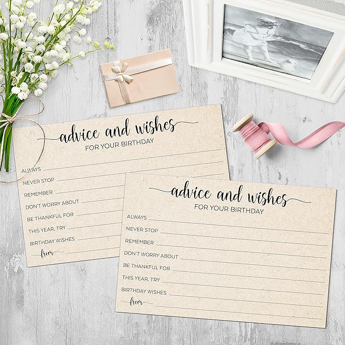 321Done Birthday Wishes and Advice Tan-Kraft (50) 4x6" Cards - Good Advice, Best Wishes, Memories Cards - Bday Party Idea Activity - Sweet 16, 30th, 40th, 50th - Fun Ad Lib Prompts - Made in USA