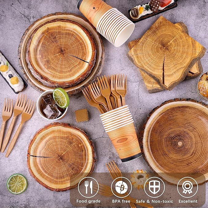 durony 144 Pieces Camping Wood Grain Slice Dinnerware Set Rustic Wood Party Supplies Paper Plates Napkins Serve 24 for Forest Themed Party Decorations Camping Birthday Supplies