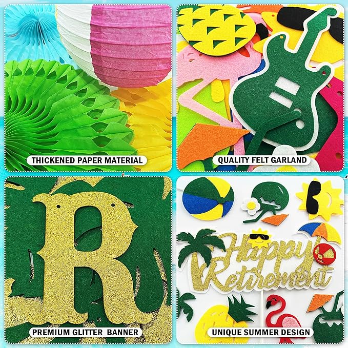 Tropical Hawaiian Luau Retirement Party Decorations, Summer Beach Pool Happy Retirement Party Supplies (Retirement Banner Garland Cake Topper Set Balloon Set Paper Lanterns Retired Sash)
