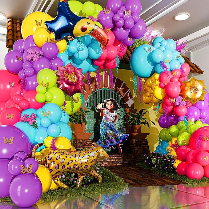 ALL-IN-1 Maribel Encanto Balloons Garland Decorations Arch Kit with BONUS Leopard for Encanto Birthday Party Supplies – Small and Large Purple, Teal, Yellow, Green, and Pink Balloons – Gold Butterfly