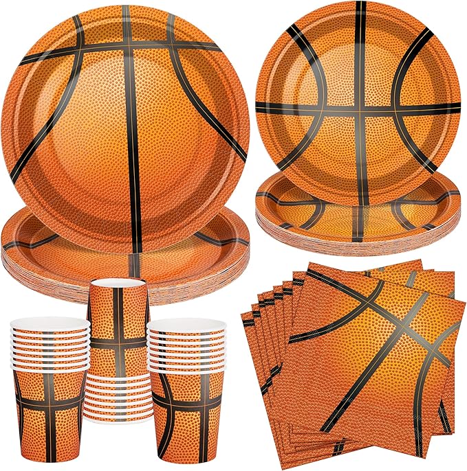 durony 96 Pieces Basketball Party Supplies Birthday Party Tableware Including Paper Plates, Cups, Napkins for Basketball Birthday Party, Serves 24 Guests