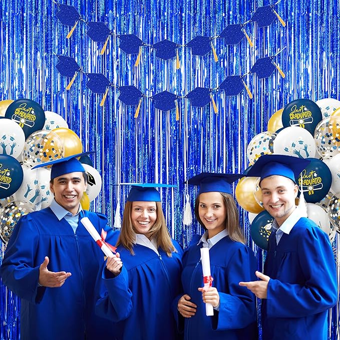 Foil Fringe Curtains Graduation Decorations 2026 - Melsan 3 Pack 3.2 x 8.2 ft Tinsel Curtain Party Photo Backdrop for Independence Day Decorations Birthday Party Baby Shower or Graduation Navy