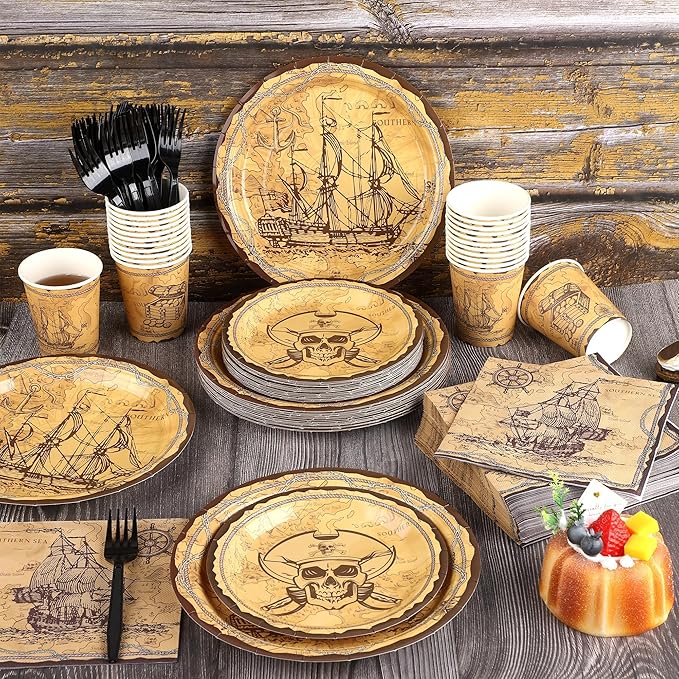 Kochorie 144 Pieces Pirate Party Supplies, Treasure Map Tableware Sets Including Disposable Paper Plates Napkins Cups Forks Serves 24 for Treasure Theme Birthday Party Decorations