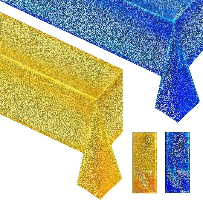 Sparkling Holographic Laser Tablecloth - Shimmering, Waterproof, Easy to Clean - Ideal for Bachelorette, Birthday, Wedding, and Anniversary Party Decorations (Dark Blue & Gold, 2)