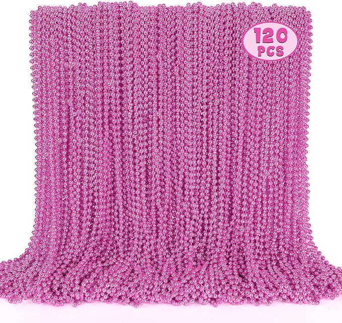 120PCS Bead Necklace, 33" Breast Cancer Awareness Accessories Bead Necklaces Bulk, Mardi Gras Beads Necklace, Festival Parade Throw Accessories for Birthday Gender Reveal Party Events Supplies